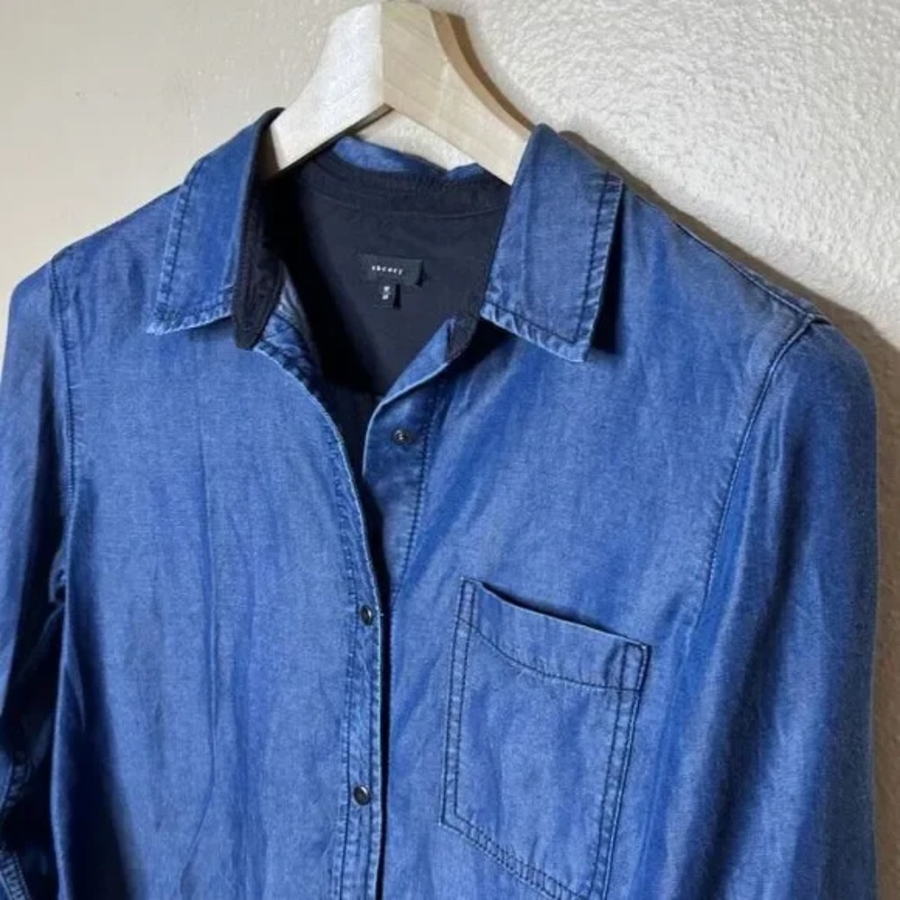 Theory Shirt Women's Medium Blue Snap Button Up Long Sleeve Denim Pocket